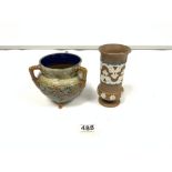DOULTON LAMBETH GLAZED STONEWARE THREE HANDLE JARDINIERE WITH SWAG DECORATION, 13 X 11CMS, AND A