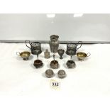 SET OF THREE RUSSIAN WHITE METAL SALTS AND SPOONS, THREE WHITE METAL WIRE WORK CUPS AND EGG CUP, TWO