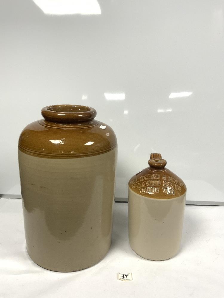 LARGE STONEWARE FLAGON, 48CMS, AND A SMALLER STONEWARE FLAGON W. R HUTTON & SONS LTD WORMWOOD