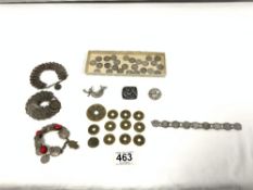 PRE 1947 THREE PENCE COIN BRACELET AND LOOSE PRE 1947 THREE PENCE COINS, THREE OTHER COIN BRACELETS,