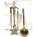 BRASS ORNATRLY EMBOSSED COMPANION SET AND SMALL BRASS WARMING PAN