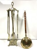 BRASS ORNATRLY EMBOSSED COMPANION SET AND SMALL BRASS WARMING PAN