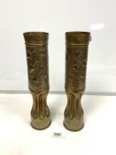 A PAIR OF TRENCH ART SHELL CASE VASES 1918, 37.5CMS