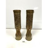 A PAIR OF TRENCH ART SHELL CASE VASES 1918, 37.5CMS