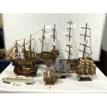 WOODEN MODEL GALLEON - SANTA MARIA, HMS VICTORY, AND FRAGATA, AND FIVE OTHER MODEL SHIPS