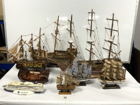 WOODEN MODEL GALLEON - SANTA MARIA, HMS VICTORY, AND FRAGATA, AND FIVE OTHER MODEL SHIPS