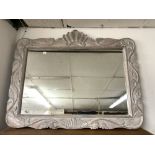 ORNATE CARVED FRAMED WALL MIRROR WITH A BLEACHED PAINTED FINISH, 74 X 92CMS