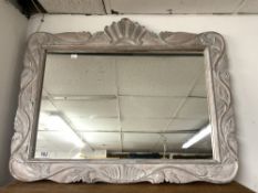ORNATE CARVED FRAMED WALL MIRROR WITH A BLEACHED PAINTED FINISH, 74 X 92CMS