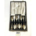 SET OF SIX HALLMARKED SILVER TEASPOONS WITH PIERCED BIRD TERMINALS (CASED) 1978 BY SUSAN. M .