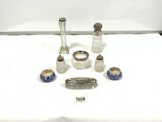 HALLMARKED SILVER TOPPED SUGAR SIFTER, HALLMARKED SILVER TOP SALT AND PEPPER, POSY VASE, JAM POT (NO