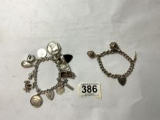 TWO HALLMARKED SILVER CHARM BRACELETS WITH 16 CHARMS, 104 GRAMS