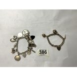 TWO HALLMARKED SILVER CHARM BRACELETS WITH 16 CHARMS, 104 GRAMS