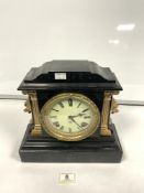 VICTORIAN SLATE MANTLE CLOCK WITH LIONS HEAD AND CORINTHIAN COLUMN DECORATION, MAKER 'ANSONIA