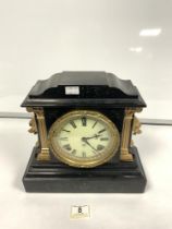VICTORIAN SLATE MANTLE CLOCK WITH LIONS HEAD AND CORINTHIAN COLUMN DECORATION, MAKER 'ANSONIA