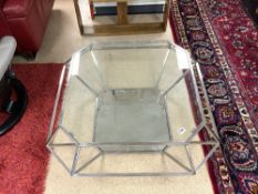 OCTAGONAL CHROME TWO TIER COFFEE TABLE WITH GLASS TOP AND MIRROR UNDER TIER, 103CMS
