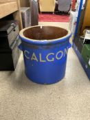 VINTAGE STONEWARE BLUE GLAZED JAR FOR CALGON (A/F), 44 X 44CMS