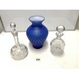 BLUE SATIN GLASS VASE, 28CMS AND CUT GLASS SHERRY DECANTER AND ANOTHER