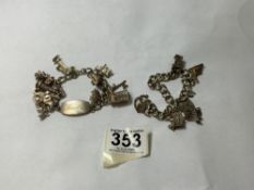 TWO HALLMARKED SILVER CHARM BRACELETS WITH 18 CHARMS, 88 GRAMS