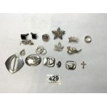 HALLMARKED SILVER BUCKLE AND WHITE METAL BROOCHES, RINGS, CUFFLINKS, ST CHRISTOPHER