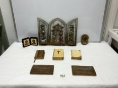 SILVER MOUNTED POCKET BIBLE, A MODERN ICON IN VELVET BOX, AND OTHER RELIGIOUS ITEMS