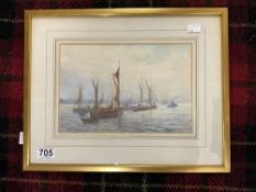WALTER DUNCAN (1848-1932) WATERCOLOUR DRAWING OF FISHING BOATS OF THE COAST SIGNED AND DATED 1934,