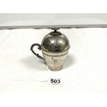 EGYPTIAN WHITE METAL LIDDED CUP WITH ENGRAVED DECORATION (TESTS AS SILVER), 15CMS, 323 GRAMS