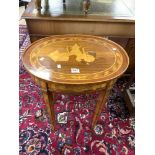 A 20TH CENTURY OVAL STILL LIFE MARQUETRY INLAID CENTRE TABLE WITH TWO DRAWERS ON SQUARE TAPERING