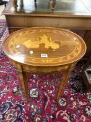 A 20TH CENTURY OVAL STILL LIFE MARQUETRY INLAID CENTRE TABLE WITH TWO DRAWERS ON SQUARE TAPERING