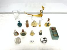 CHINESE TURQUOISE SNUFF BOTTLE, VARIOUS VINTAGE SCENT BOTTLES, GLASS STAMP WETTER ETC