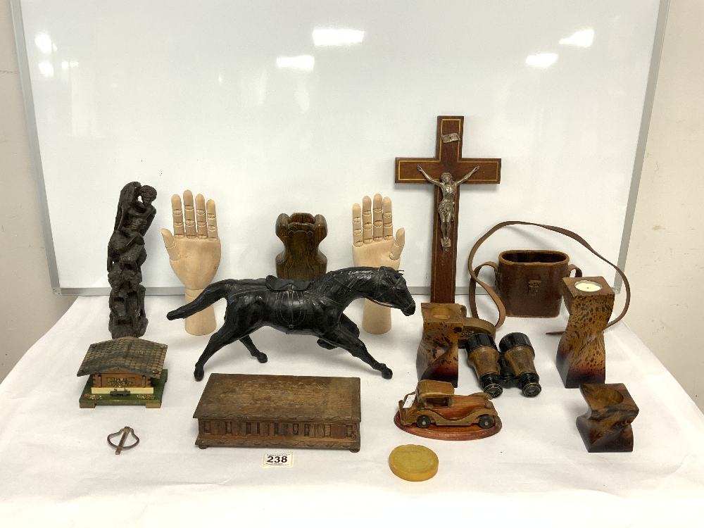 PAIR OF FIELD GLASSES BY DOLLAND - LONDON, A LEATHER MODEL OF A HORSE, A CRUCIFIX AND WOODEN ITEMS