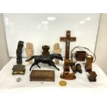 PAIR OF FIELD GLASSES BY DOLLAND - LONDON, A LEATHER MODEL OF A HORSE, A CRUCIFIX AND WOODEN ITEMS