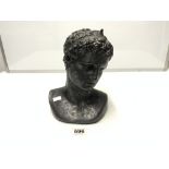 BLACK PAINTED PLASTER CLASSICAL HEAD, 29CMS