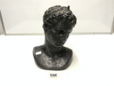 BLACK PAINTED PLASTER CLASSICAL HEAD, 29CMS