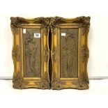 PAIR OF GILT FRAMED ART NOUVEAU STYLE RECTANGULAR RELIEF PLAQUES - DEPICTING FIGURES WITH FAIRIES,