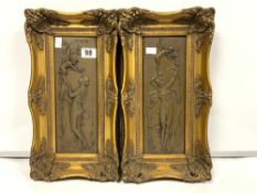 PAIR OF GILT FRAMED ART NOUVEAU STYLE RECTANGULAR RELIEF PLAQUES - DEPICTING FIGURES WITH FAIRIES,