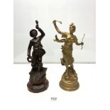 TWO FRENCH SPELTER FIGURES - ONE ENTITLED 'MARIN' PAR BUCHOT AND ART NOUVEAU LADY, 38CMS A/F