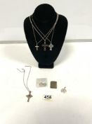 TWO 925/STERLING CELTIC CROSSES ON CHAIRS, AMBER CROSS PENDANT, 925 ST CHRISTOPHER AND WHITE METAL