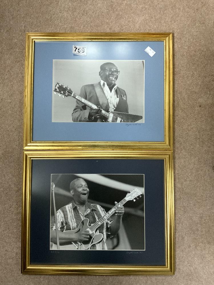 TWO FRAMED PHOTOGRAPHS OF BB KING, SIGNED BY CLAYTON CALL, 92, 95, 24 X 19CMS