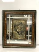 FRAMED MIRROR WITH EMBOSSED PLAQUE DEPICTING BUST OF JESUS INSET, 52 X 60CMS