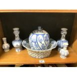 TWO PAIRS DELF VASES, THE TALLEST 24CMS, BLUE AND WHITE VASE AND COVER, AND A CHINESE STYLE BASKET