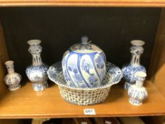TWO PAIRS DELF VASES, THE TALLEST 24CMS, BLUE AND WHITE VASE AND COVER, AND A CHINESE STYLE BASKET
