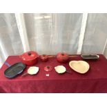 LE CRUSET CASSEROLE POT, TWO SAUCEPANS AND DISHES, FRYING PAN ETC