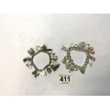 TWO HALLMARKED SILVER CHARM BRACELETS WITH 24 CHARMS, 117 GRAMS