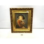 19TH CENTURY OIL ON CANVAS PORTRAIT OF A BOY OFF TO SCHOOL IN A LATER GILT FRAME, 19 X 23CMS