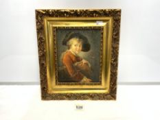 19TH CENTURY OIL ON CANVAS PORTRAIT OF A BOY OFF TO SCHOOL IN A LATER GILT FRAME, 19 X 23CMS