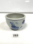 SMALL 20TH CENTURY CHINESE BLUE AND WHITE JARDINIERE DECORATED WITH URNS, 9.5 X 13CMS