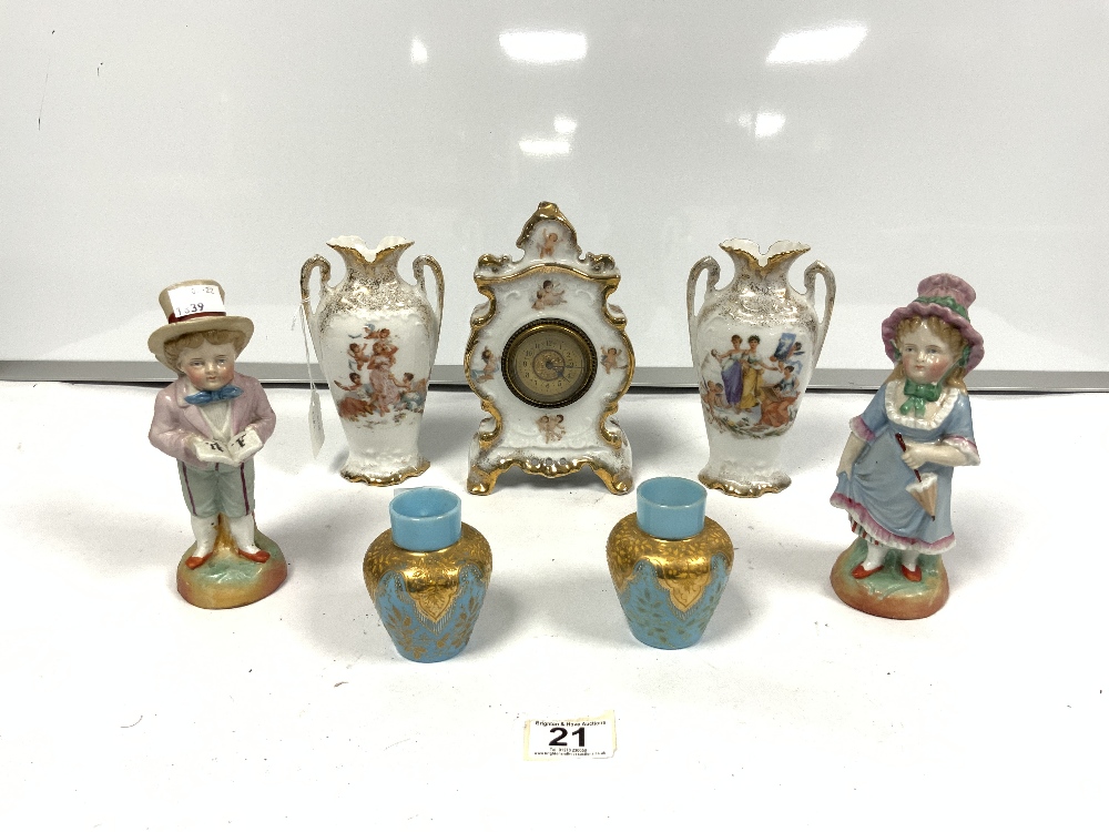 SMALL CONTINENTAL PORCELAIN CLOCK SET, PAIR CONTINENTAL PORCELAIN FIGURES, AND PAIR BLUE AND GILT