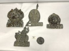 FOUR REPRODUCTION LEAD FIRE/INSURANCE PLAQUES