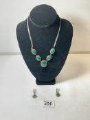 VINTAGE 925 SILVER NECKLACE AND EARRINGS SET WITH GREEN STONES