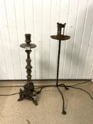 LATE 19TH CENTURY PAINTED CHURCH CANDLE STAND AND ANTIQUE IRON CANDLE HOLDER, THE TALLEST 92CMS